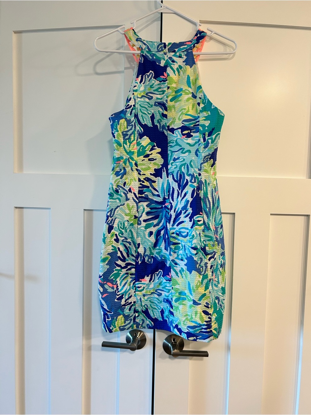 Lilly Pulitzer Blue, Teal & Pink Mini Dress with Neon Pink Crochet Yoke - Picture 2 of 3